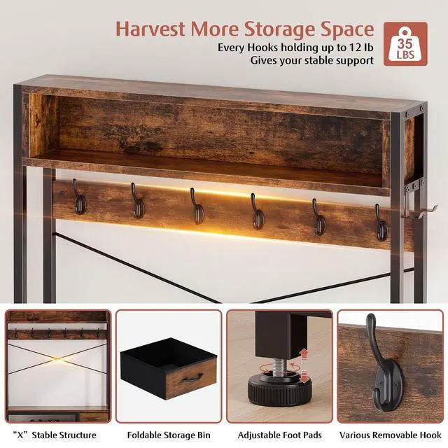 Alt view image 5 of 7 - Hall Tree with 3 Drawers, Industrial Entryway 39.4" Coat Rack Shoe Bench, Freestanding Mudroom Organizer with 12 Hooks, Top Shelf Storage (Rustic Brown)