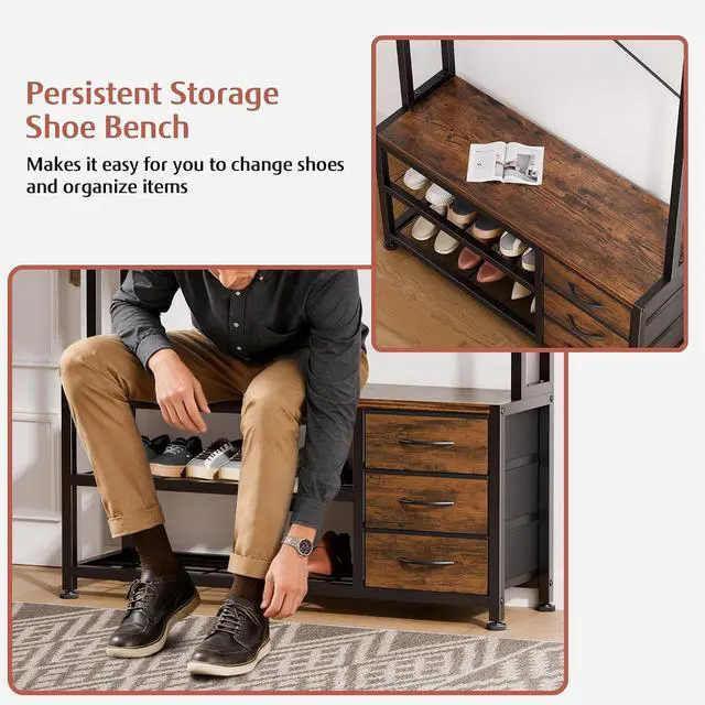 Alt view image 6 of 7 - Hall Tree with 3 Drawers, Industrial Entryway 39.4" Coat Rack Shoe Bench, Freestanding Mudroom Organizer with 12 Hooks, Top Shelf Storage (Rustic Brown)