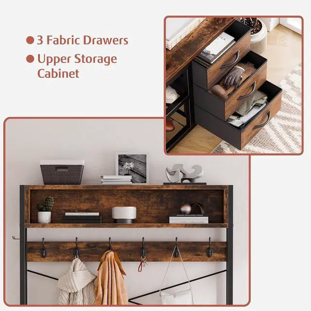 Alt view image 7 of 7 - Hall Tree with 3 Drawers, Industrial Entryway 39.4" Coat Rack Shoe Bench, Freestanding Mudroom Organizer with 12 Hooks, Top Shelf Storage (Rustic Brown)