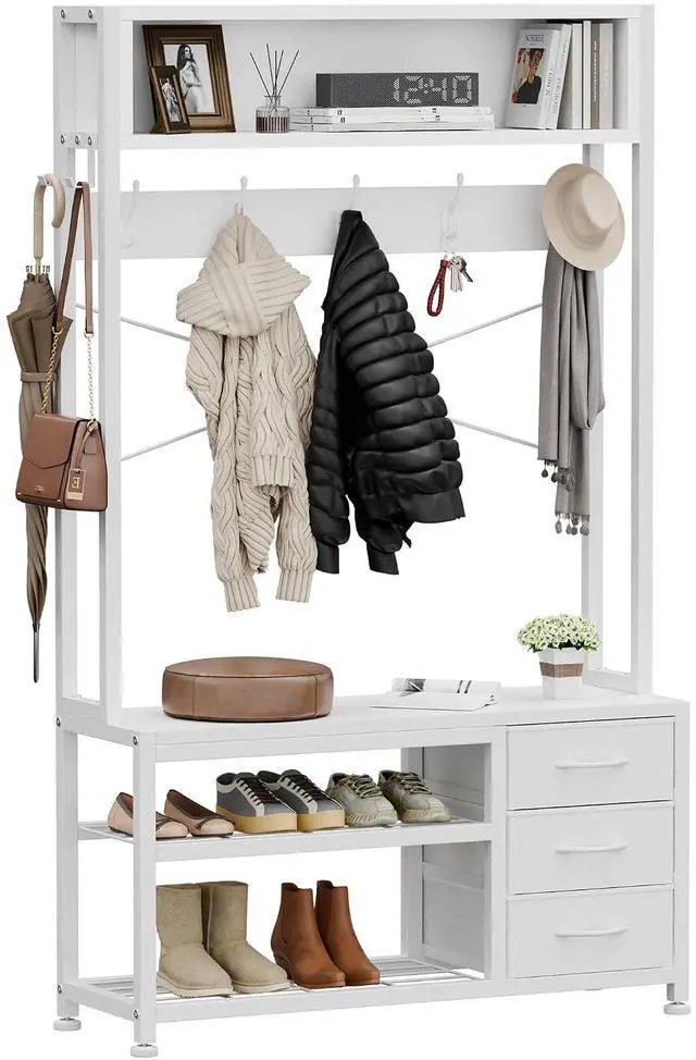 Main image of Hall Tree with Bench and Shoe Storage, 31.5" Coat Rack Freestanding with 2-Tier Storage Shelf, 5-in-1 Entryway Bench Coat Rack with 12 Hooks and 3 Drawers(White)
