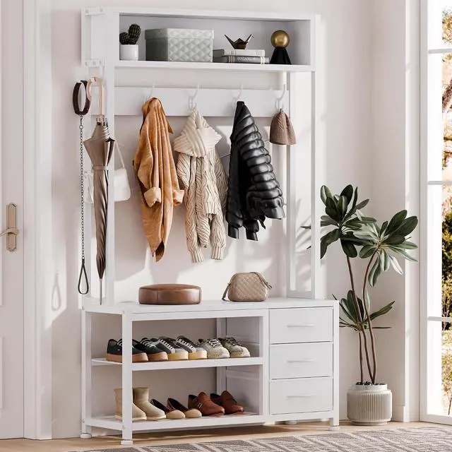 Alt view image 2 of 7 - Hall Tree with Bench and Shoe Storage, 31.5" Coat Rack Freestanding with 2-Tier Storage Shelf, 5-in-1 Entryway Bench Coat Rack with 12 Hooks and 3 Drawers(White)
