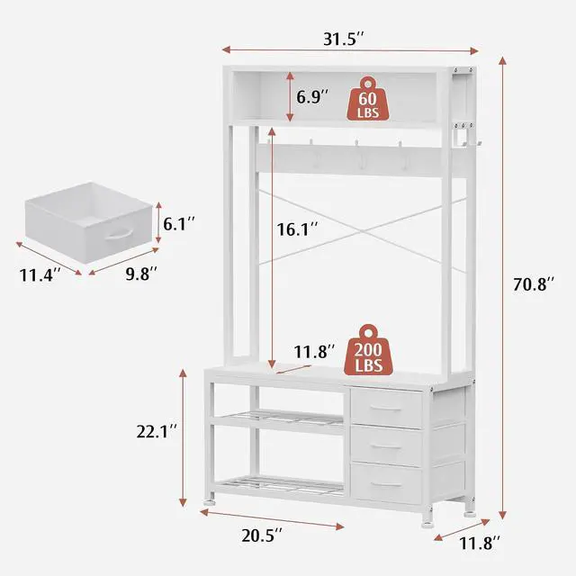 Alt view image 4 of 7 - Hall Tree with Bench and Shoe Storage, 31.5" Coat Rack Freestanding with 2-Tier Storage Shelf, 5-in-1 Entryway Bench Coat Rack with 12 Hooks and 3 Drawers(White)