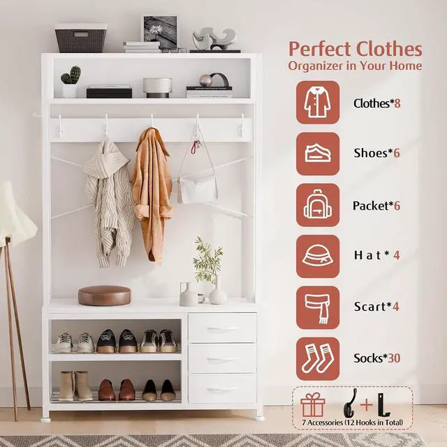 Alt view image 3 of 7 - Hall Tree with Bench and Shoe Storage, 31.5" Coat Rack Freestanding with 2-Tier Storage Shelf, 5-in-1 Entryway Bench Coat Rack with 12 Hooks and 3 Drawers(White)