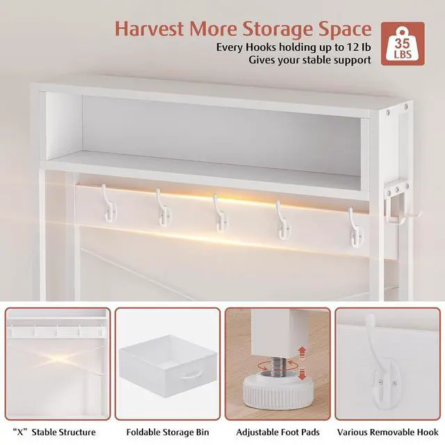 Alt view image 5 of 7 - Hall Tree with Bench and Shoe Storage, 31.5" Coat Rack Freestanding with 2-Tier Storage Shelf, 5-in-1 Entryway Bench Coat Rack with 12 Hooks and 3 Drawers(White)