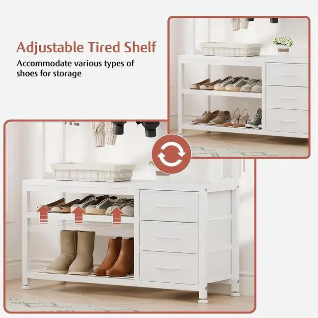 Alt view image 6 of 7 - Hall Tree with Bench and Shoe Storage, 31.5" Coat Rack Freestanding with 2-Tier Storage Shelf, 5-in-1 Entryway Bench Coat Rack with 12 Hooks and 3 Drawers(White)