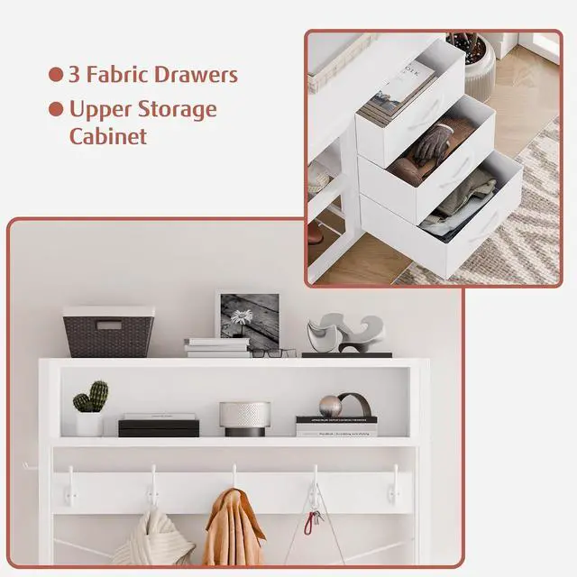 Alt view image 7 of 7 - Hall Tree with Bench and Shoe Storage, 31.5" Coat Rack Freestanding with 2-Tier Storage Shelf, 5-in-1 Entryway Bench Coat Rack with 12 Hooks and 3 Drawers(White)