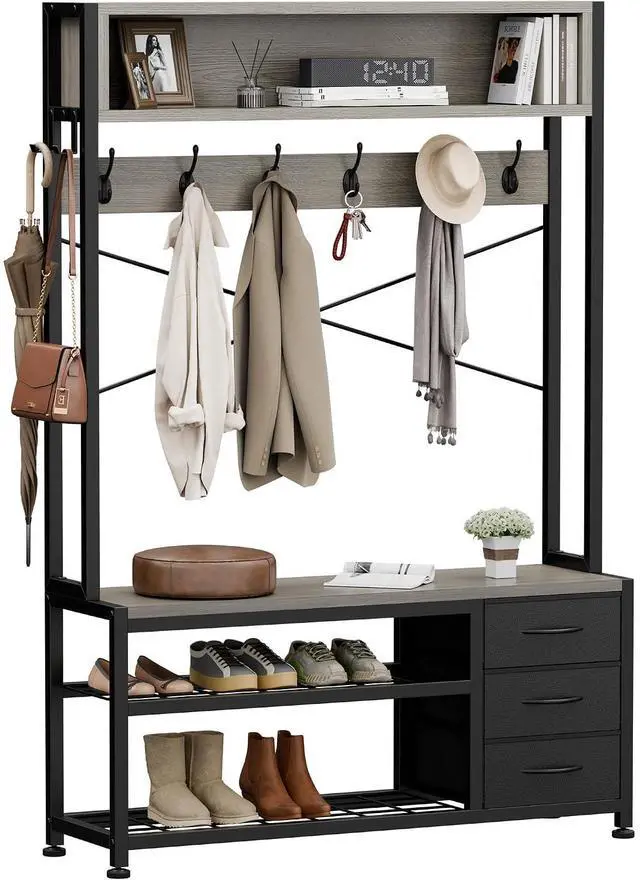 Main image of Hall Tree with 3 Drawers, Industrial Entryway 39.4" Coat Rack Shoe Bench, Freestanding Mudroom Organizer with 12 Hooks, Top Shelf Storage (Grey)