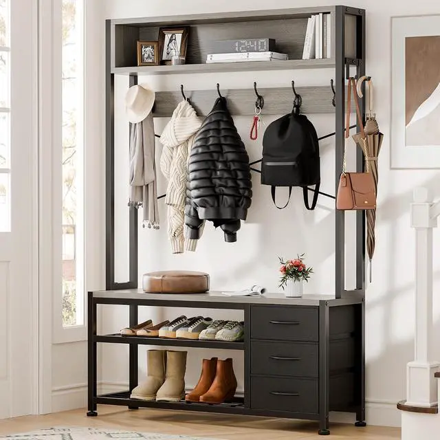 Alt view image 3 of 7 - Hall Tree with 3 Drawers, Industrial Entryway 39.4" Coat Rack Shoe Bench, Freestanding Mudroom Organizer with 12 Hooks, Top Shelf Storage (Grey)