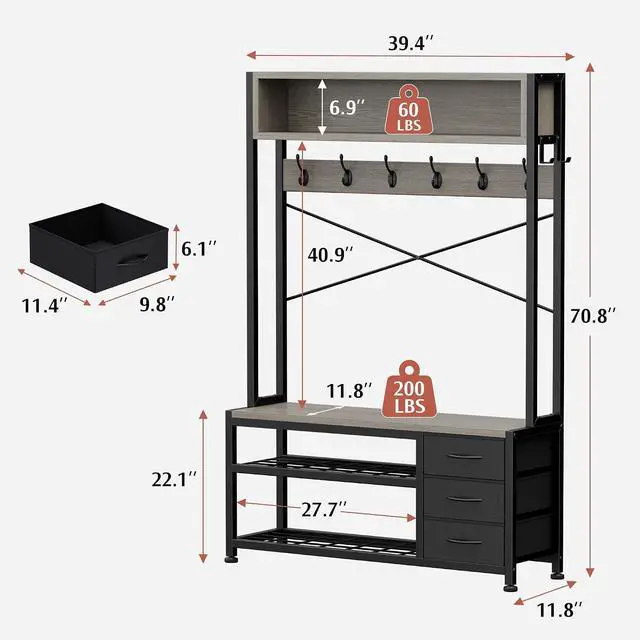 Alt view image 2 of 7 - Hall Tree with 3 Drawers, Industrial Entryway 39.4" Coat Rack Shoe Bench, Freestanding Mudroom Organizer with 12 Hooks, Top Shelf Storage (Grey)