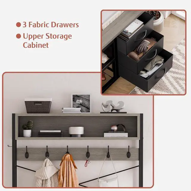 Alt view image 4 of 7 - Hall Tree with 3 Drawers, Industrial Entryway 39.4" Coat Rack Shoe Bench, Freestanding Mudroom Organizer with 12 Hooks, Top Shelf Storage (Grey)