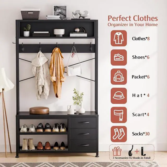 Alt view image 3 of 7 - Hall Tree with Bench and Shoe Storage, 31.5" Coat Rack Freestanding with 2-Tier Storage Shelf, 6-in-1 Entryway Bench Coat Rack with 12 Hooks and 3 Drawers(Black)