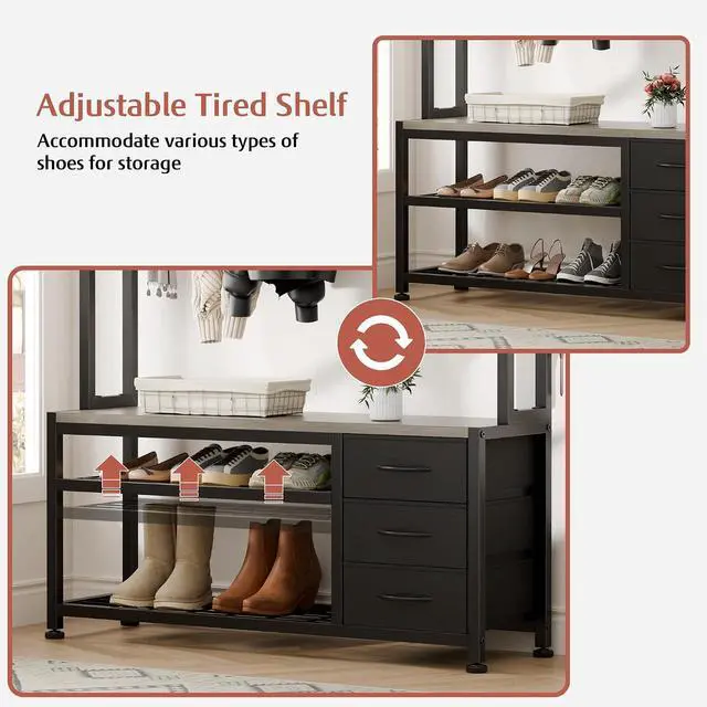 Alt view image 6 of 7 - Hall Tree with 3 Drawers, Industrial Entryway 39.4" Coat Rack Shoe Bench, Freestanding Mudroom Organizer with 12 Hooks, Top Shelf Storage (Grey)