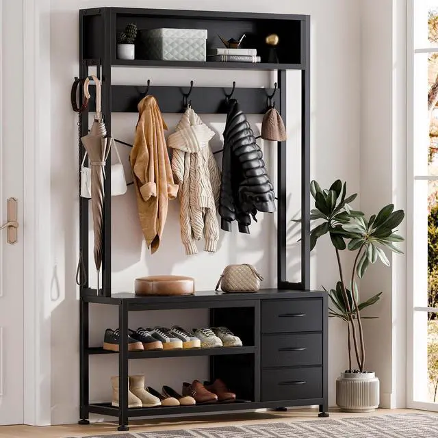 Alt view image 2 of 7 - Hall Tree with Bench and Shoe Storage, 31.5" Coat Rack Freestanding with 2-Tier Storage Shelf, 6-in-1 Entryway Bench Coat Rack with 12 Hooks and 3 Drawers(Black)