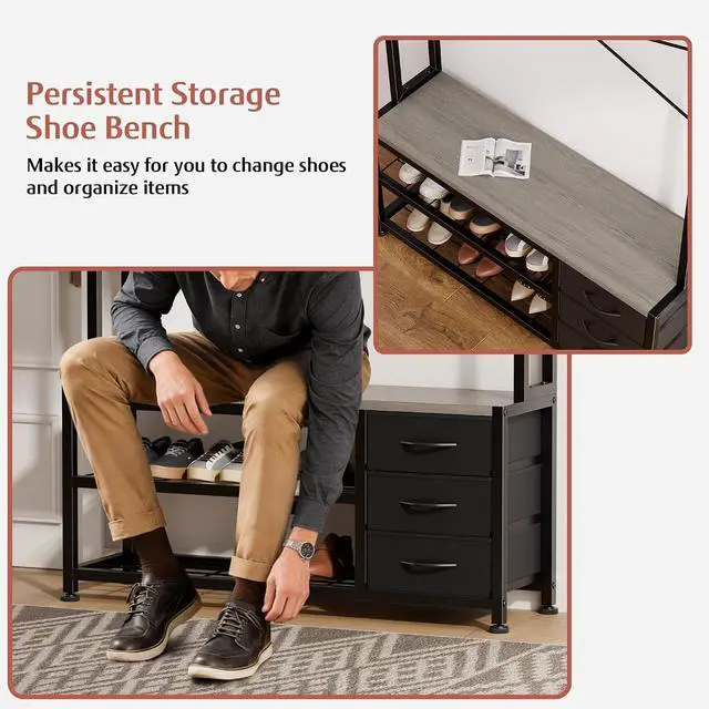 Alt view image 7 of 7 - Hall Tree with 3 Drawers, Industrial Entryway 39.4" Coat Rack Shoe Bench, Freestanding Mudroom Organizer with 12 Hooks, Top Shelf Storage (Grey)