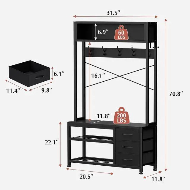 Alt view image 4 of 7 - Hall Tree with Bench and Shoe Storage, 31.5" Coat Rack Freestanding with 2-Tier Storage Shelf, 6-in-1 Entryway Bench Coat Rack with 12 Hooks and 3 Drawers(Black)