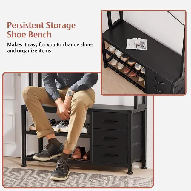 Alt view image 7 of 7 - Hall Tree with Bench and Shoe Storage, 31.5" Coat Rack Freestanding with 2-Tier Storage Shelf, 6-in-1 Entryway Bench Coat Rack with 12 Hooks and 3 Drawers(Black)