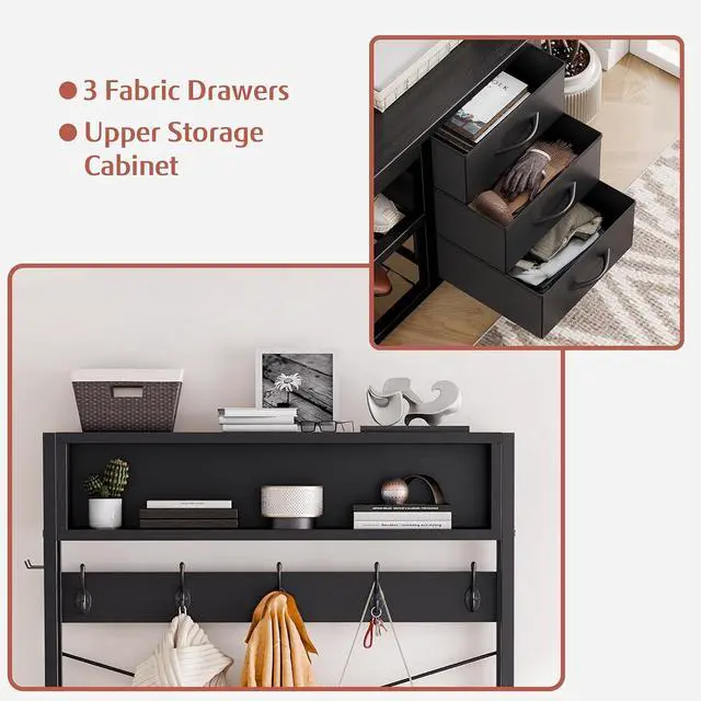 Alt view image 6 of 7 - Hall Tree with Bench and Shoe Storage, 31.5" Coat Rack Freestanding with 2-Tier Storage Shelf, 6-in-1 Entryway Bench Coat Rack with 12 Hooks and 3 Drawers(Black)