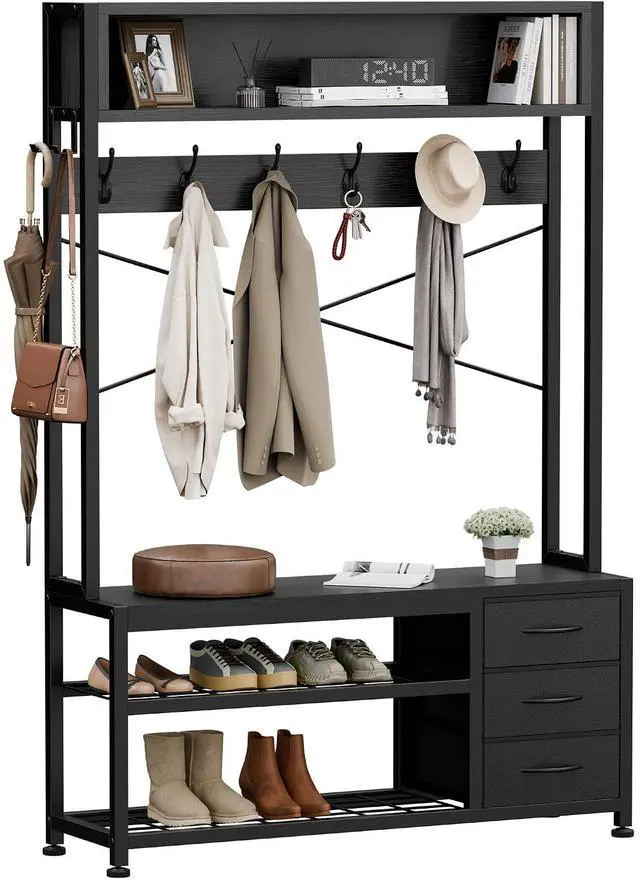 Main image of Hall Tree with 3 Drawers, Industrial Entryway 39.4" Coat Rack Shoe Bench, Freestanding Mudroom Organizer with 12 Hooks, Top Shelf Storage (Black)