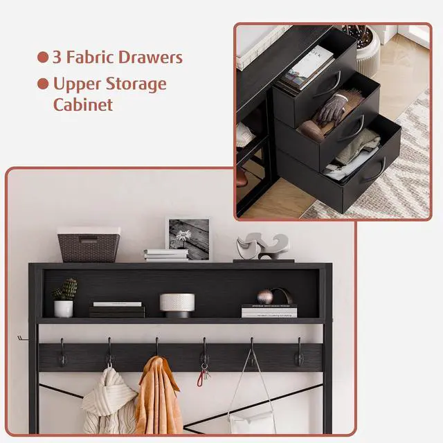 Alt view image 5 of 7 - Hall Tree with 3 Drawers, Industrial Entryway 39.4" Coat Rack Shoe Bench, Freestanding Mudroom Organizer with 12 Hooks, Top Shelf Storage (Black)
