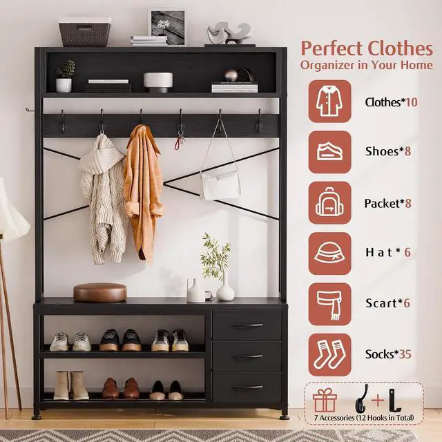 Alt view image 2 of 7 - Hall Tree with 3 Drawers, Industrial Entryway 39.4" Coat Rack Shoe Bench, Freestanding Mudroom Organizer with 12 Hooks, Top Shelf Storage (Black)