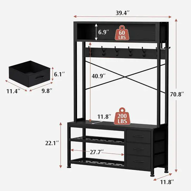Alt view image 3 of 7 - Hall Tree with 3 Drawers, Industrial Entryway 39.4" Coat Rack Shoe Bench, Freestanding Mudroom Organizer with 12 Hooks, Top Shelf Storage (Black)