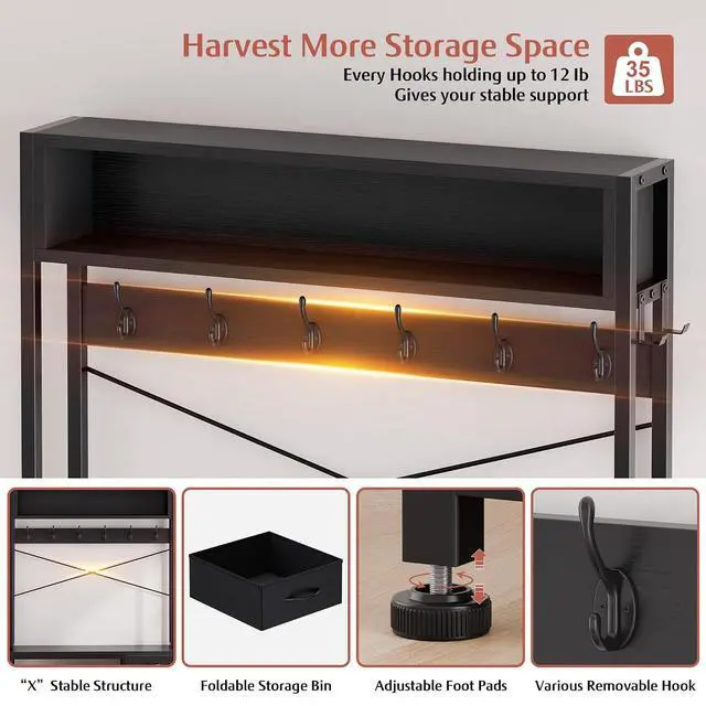 Alt view image 4 of 7 - Hall Tree with 3 Drawers, Industrial Entryway 39.4" Coat Rack Shoe Bench, Freestanding Mudroom Organizer with 12 Hooks, Top Shelf Storage (Black)