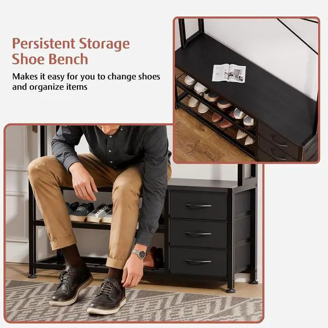 Alt view image 6 of 7 - Hall Tree with 3 Drawers, Industrial Entryway 39.4" Coat Rack Shoe Bench, Freestanding Mudroom Organizer with 12 Hooks, Top Shelf Storage (Black)