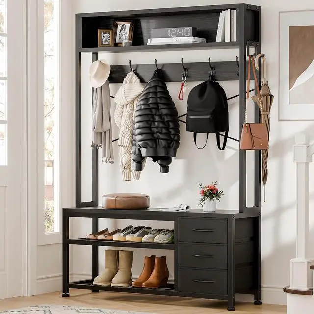 Alt view image 7 of 7 - Hall Tree with 3 Drawers, Industrial Entryway 39.4" Coat Rack Shoe Bench, Freestanding Mudroom Organizer with 12 Hooks, Top Shelf Storage (Black)
