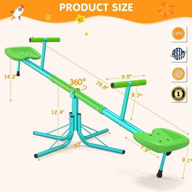 Alt view image 4 of 7 - Seesaw for Kids Outdoor, 360° Spin Teeter Totter, 100 lb Seat | 2-player bounce-and-spin fun with soft handles, cushioning bar, 3-section frame, and portable 15 lb build for yards or parks.