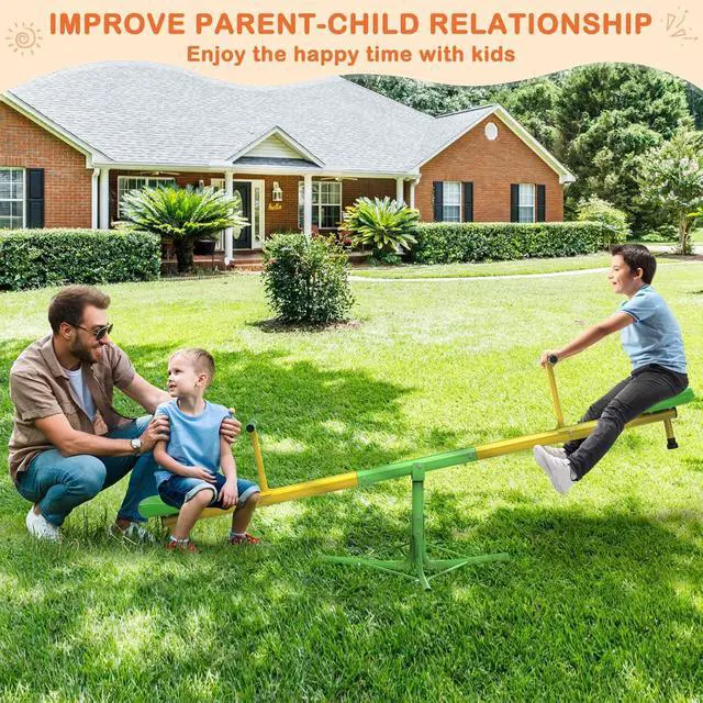 Alt view image 2 of 7 - Teeter Totter for Kids, 360° Spinning Seesaw, 100 lb Seat | Triangular chassis, foam handles, 75" x 30" footprint, weather-resistant finish, and 320 lb total capacity for active kids.