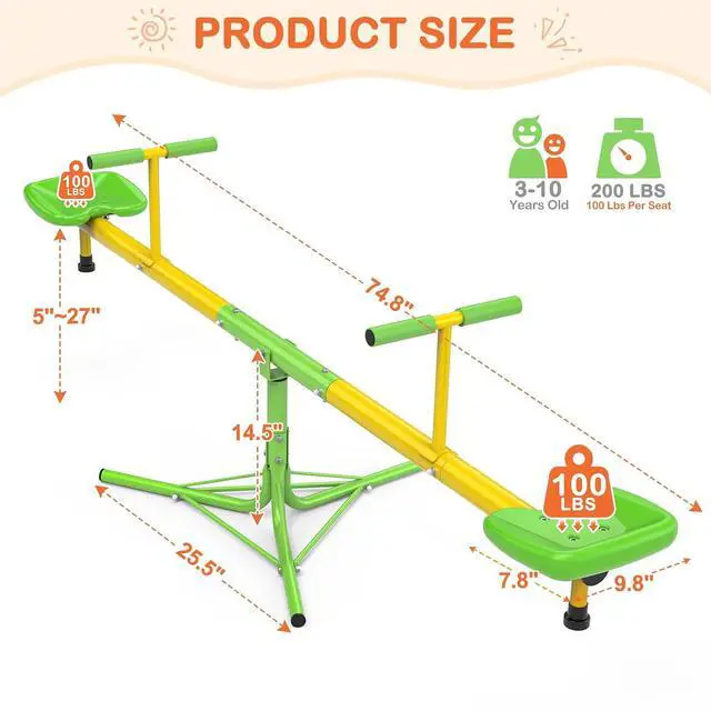 Alt view image 3 of 7 - Teeter Totter for Kids, 360° Spinning Seesaw, 100 lb Seat | Triangular chassis, foam handles, 75" x 30" footprint, weather-resistant finish, and 320 lb total capacity for active kids.
