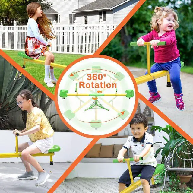 Alt view image 4 of 7 - Teeter Totter for Kids, 360° Spinning Seesaw, 100 lb Seat | Triangular chassis, foam handles, 75" x 30" footprint, weather-resistant finish, and 320 lb total capacity for active kids.