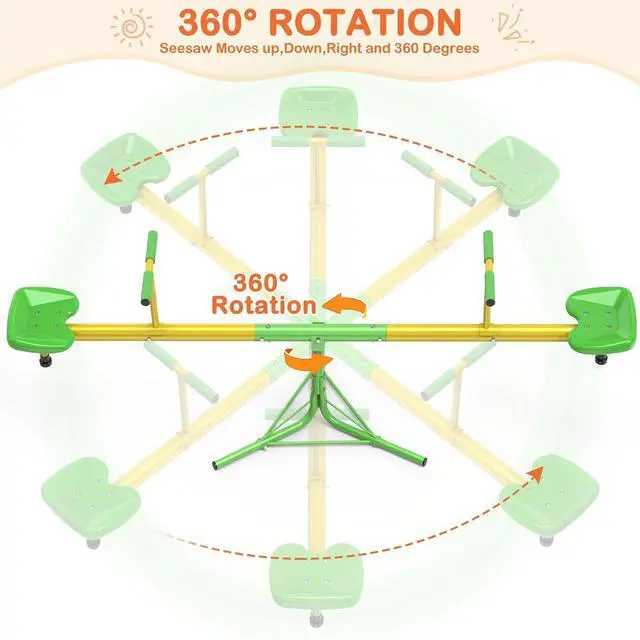 Alt view image 6 of 7 - Teeter Totter for Kids, 360° Spinning Seesaw, 100 lb Seat | Triangular chassis, foam handles, 75" x 30" footprint, weather-resistant finish, and 320 lb total capacity for active kids.