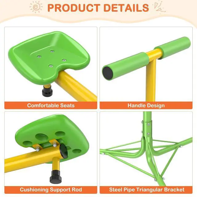 Alt view image 7 of 7 - Teeter Totter for Kids, 360° Spinning Seesaw, 100 lb Seat | Triangular chassis, foam handles, 75" x 30" footprint, weather-resistant finish, and 320 lb total capacity for active kids.