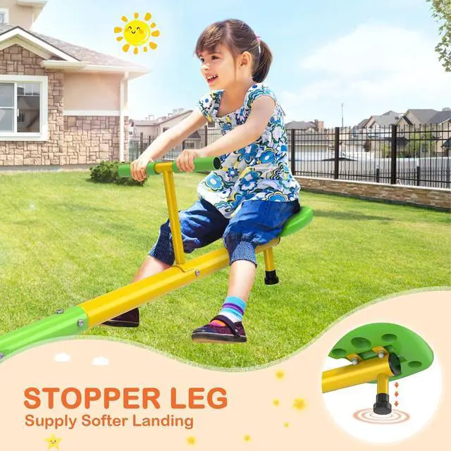 Alt view image 5 of 7 - Teeter Totter for Kids, 360° Spinning Seesaw, 100 lb Seat | Triangular chassis, foam handles, 75" x 30" footprint, weather-resistant finish, and 320 lb total capacity for active kids.