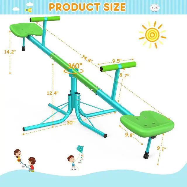 Alt view image 2 of 7 - Teeter Totter for Kids, 2-Seat Spinning Seesaw | 2-player bounce-and-spin fun with soft handles, cushioning bar, 3-section frame, and portable 15 lb build for yards or parks.