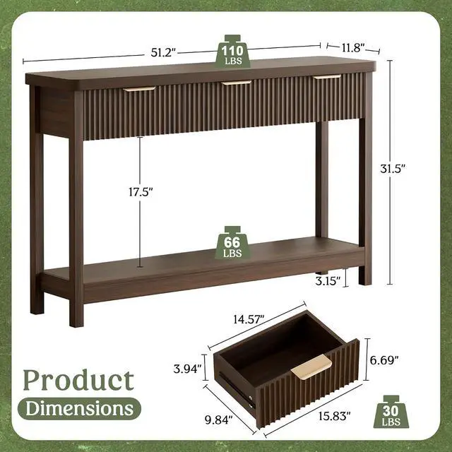 Alt view image 2 of 7 - Fluted Console Table, 51 Inch Entryway Table with 3 Drawers | Scandi farmhouse look with quiet full-extension slides, open lower shelf, profile for hallway, entry, foyer or behind sofa.