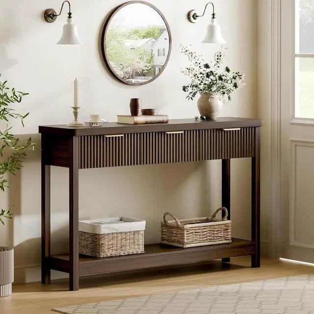 Alt view image 3 of 7 - Fluted Console Table, 51 Inch Entryway Table with 3 Drawers | Scandi farmhouse look with quiet full-extension slides, open lower shelf, profile for hallway, entry, foyer or behind sofa.