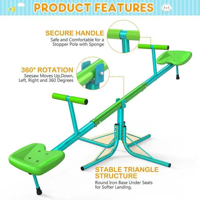 Alt view image 7 of 7 - Teeter Totter for Kids, 2-Seat Spinning Seesaw | 2-player bounce-and-spin fun with soft handles, cushioning bar, 3-section frame, and portable 15 lb build for yards or parks.