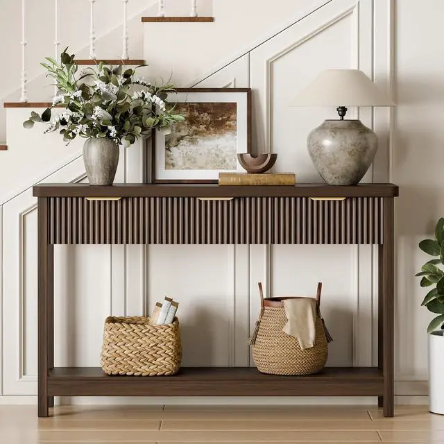 Alt view image 6 of 7 - Fluted Console Table, 51 Inch Entryway Table with 3 Drawers | Scandi farmhouse look with quiet full-extension slides, open lower shelf, profile for hallway, entry, foyer or behind sofa.