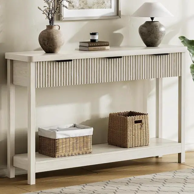 Main image of Fluted Console Table, 51 Inch Entryway Table with 3 Drawers | Scandi farmhouse look with quiet full-extension slides, open lower shelf, profile for hallway, entry, foyer or behind sofa.