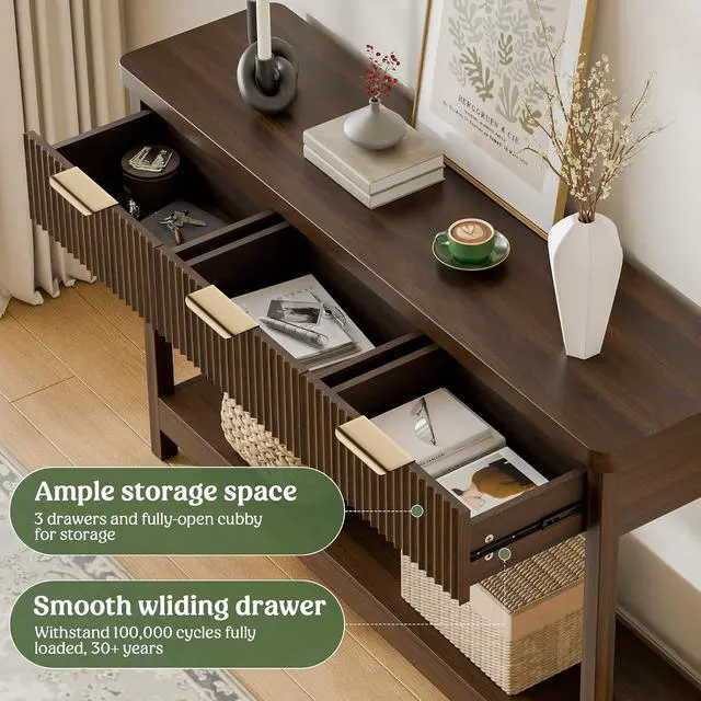 Alt view image 5 of 7 - Fluted Console Table, 51 Inch Entryway Table with 3 Drawers | Scandi farmhouse look with quiet full-extension slides, open lower shelf, profile for hallway, entry, foyer or behind sofa.