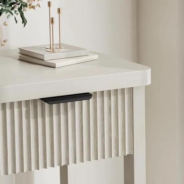 Alt view image 4 of 7 - Fluted Console Table, 51 Inch Entryway Table with 3 Drawers | Scandi farmhouse look with quiet full-extension slides, open lower shelf, profile for hallway, entry, foyer or behind sofa.