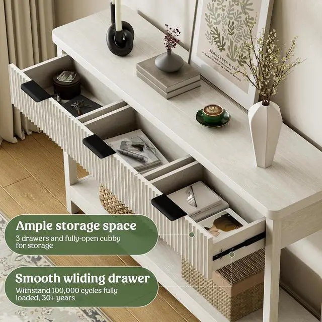 Alt view image 5 of 7 - Fluted Console Table, 51 Inch Entryway Table with 3 Drawers | Scandi farmhouse look with quiet full-extension slides, open lower shelf, profile for hallway, entry, foyer or behind sofa.
