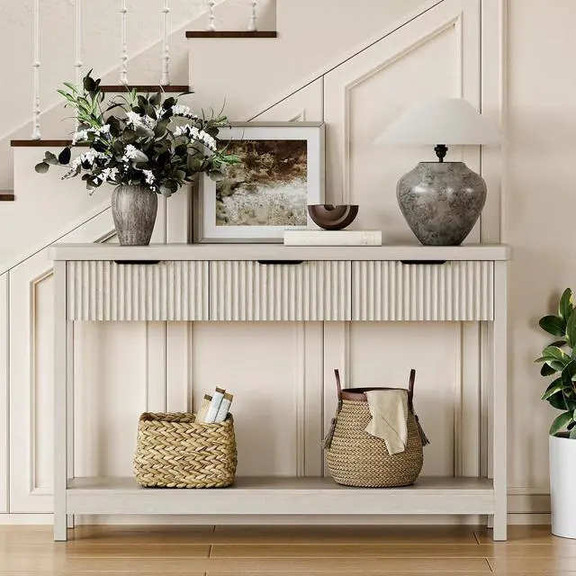 Alt view image 6 of 7 - Fluted Console Table, 51 Inch Entryway Table with 3 Drawers | Scandi farmhouse look with quiet full-extension slides, open lower shelf, profile for hallway, entry, foyer or behind sofa.