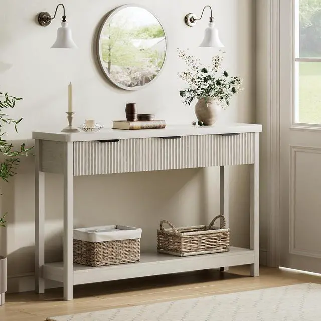 Alt view image 3 of 7 - Fluted Console Table, 51 Inch Entryway Table with 3 Drawers | Scandi farmhouse look with quiet full-extension slides, open lower shelf, profile for hallway, entry, foyer or behind sofa.