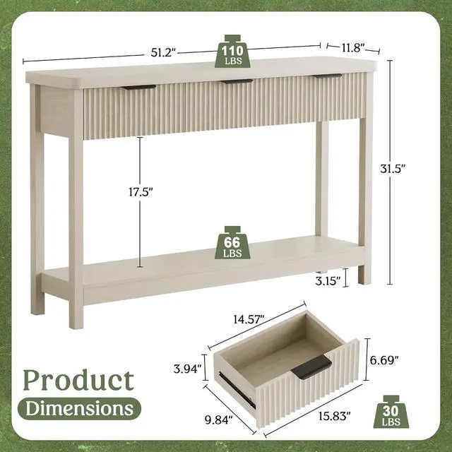 Alt view image 2 of 7 - Fluted Console Table, 51 Inch Entryway Table with 3 Drawers | Scandi farmhouse look with quiet full-extension slides, open lower shelf, profile for hallway, entry, foyer or behind sofa.