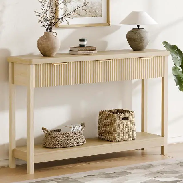 Main image of Fluted Console Table, 51 Inch Entryway Table with 3 Drawers | Scandi farmhouse look with quiet full-extension slides, open lower shelf, profile for hallway, entry, foyer or behind sofa.