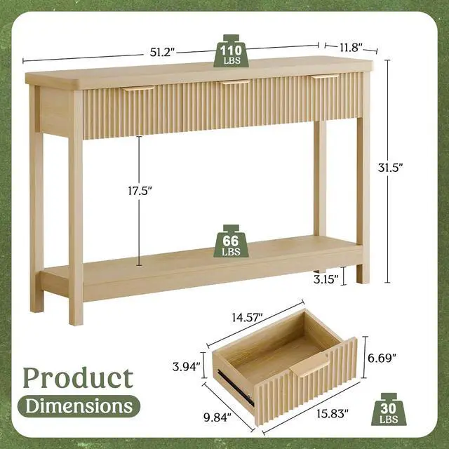 Alt view image 2 of 7 - Fluted Console Table, 51 Inch Entryway Table with 3 Drawers | Scandi farmhouse look with quiet full-extension slides, open lower shelf, profile for hallway, entry, foyer or behind sofa.
