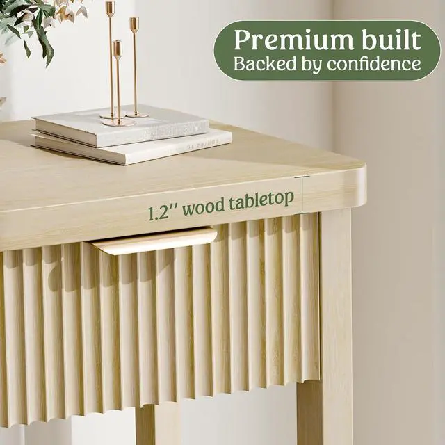 Alt view image 4 of 7 - Fluted Console Table, 51 Inch Entryway Table with 3 Drawers | Scandi farmhouse look with quiet full-extension slides, open lower shelf, profile for hallway, entry, foyer or behind sofa.